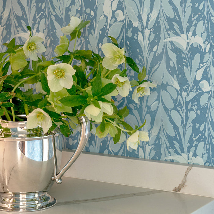 Ocean Seaweed wallpaper in Oxford with white hellebores by Katherine Stratton Miller.