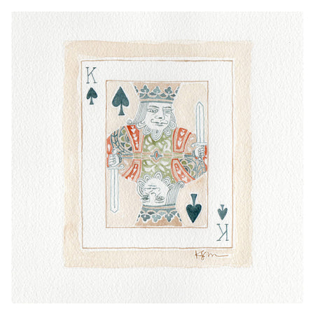 Detail of a watercolor painting of a King of Spades card, white linen mat and a dark wood frame with gold bead detail. 8" x 9" framed size. Ready to hang. 