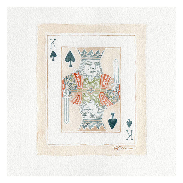 Detail of a watercolor painting of a King of Spades card, white linen mat and a dark wood frame with gold bead detail. 8" x 9" framed size. Ready to hang. 