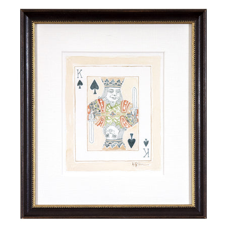 A framed watercolor painting of a King of Spades card, with a white linen mat and a dark wood frame with gold bead detail. 8" x 9" framed size. Ready to hang. 