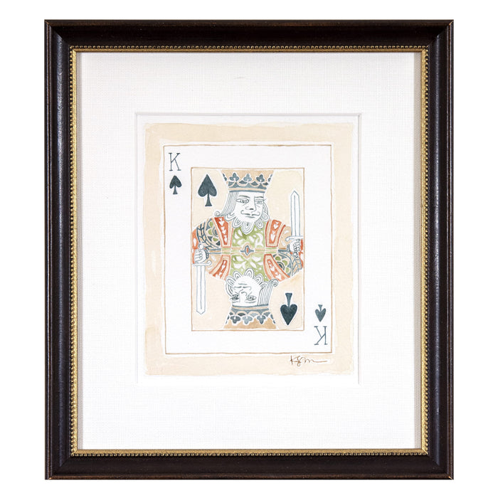 A framed watercolor painting of a King of Spades card, with a white linen mat and a dark wood frame with gold bead detail. 8" x 9" framed size. Ready to hang. 