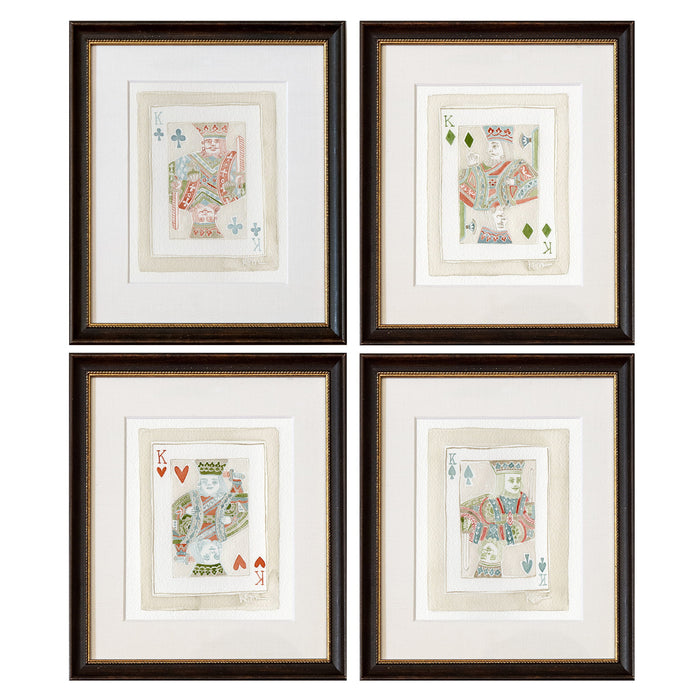 Four framed watercolor paintings of a suit of King playing cards. 