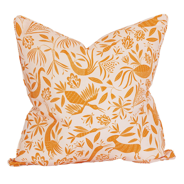 Garden Linen Fabric in Pink Sunshine shown on the reverse side of a decorative pillow