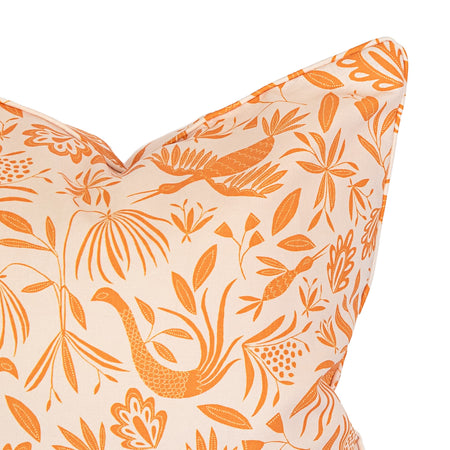 Detail of Garden Linen Fabric in Pink Sunshine shown on a decorative pillow