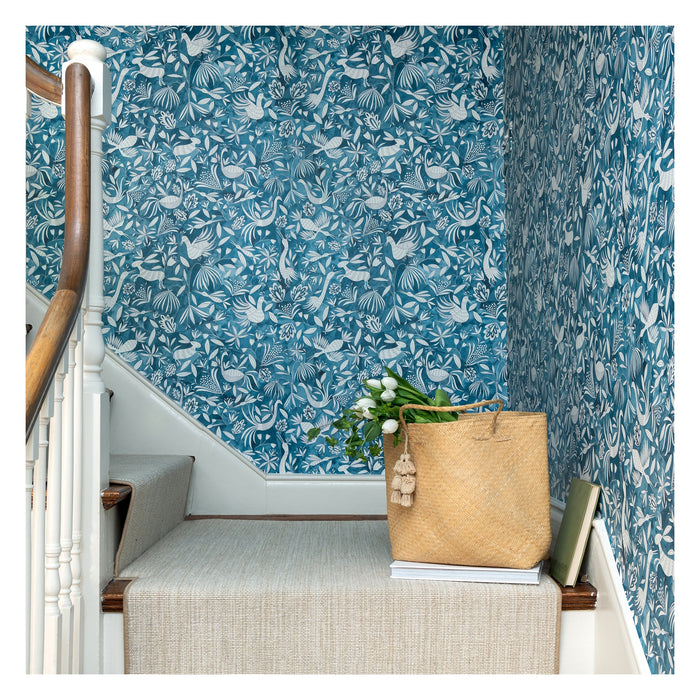 Garden Wallpaper in Prussian Blue in a staircase