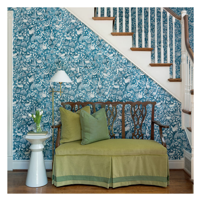 Garden Wallpaper in Prussian Blue in an entry hall